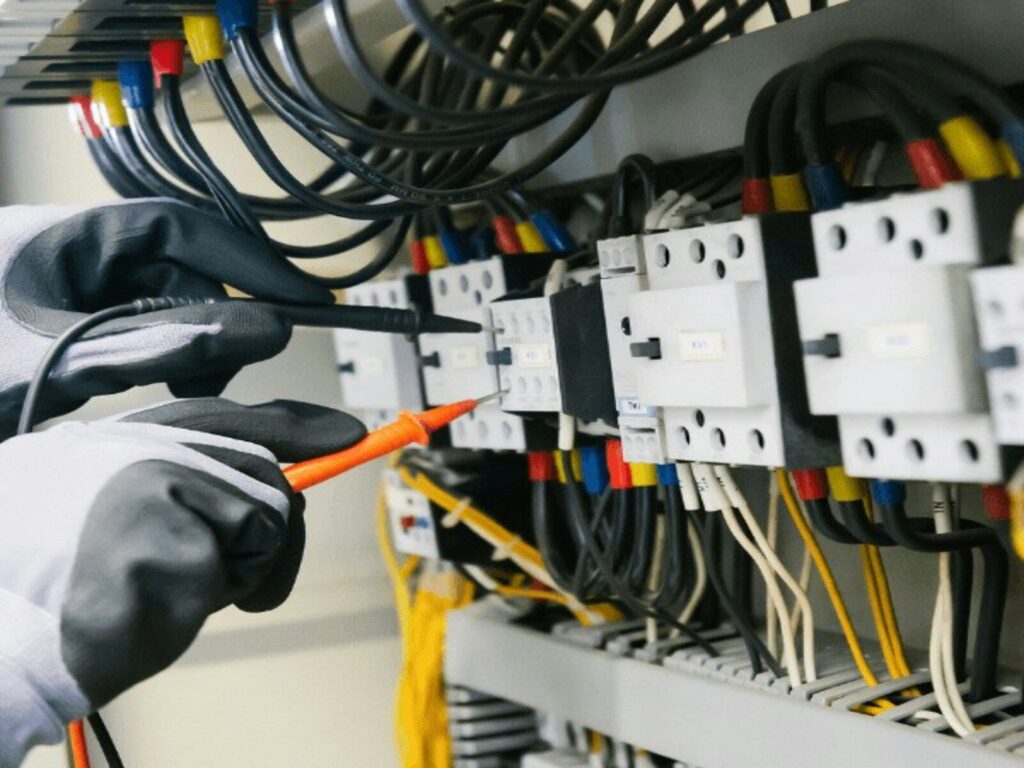 Electrician testing electrical panel with multimeter.